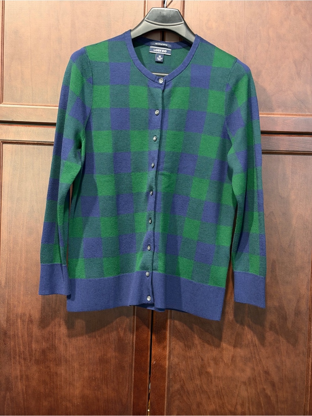 Lands' End Blue and Green Check Button-Up Cardigan